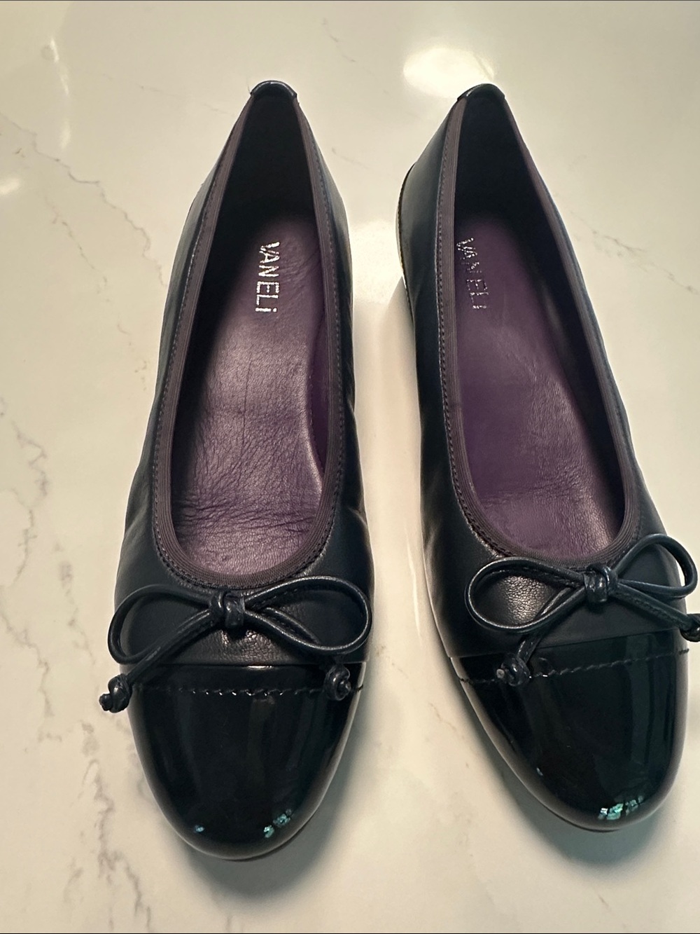 Vaneli Black Patent Cap-Toe Ballet Flats with Purple Insole
